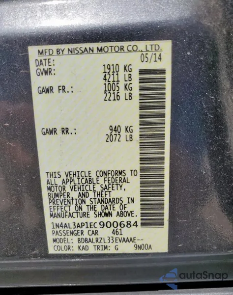 2014 Nissan Altima 2.5 from USA, damaged, VIN 1N4AL3AP1EC900684
